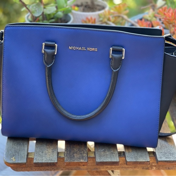 Michael Kors Selma Leather Color Block Blue Black Satchel Handbag Medium - Picture 2 of 7